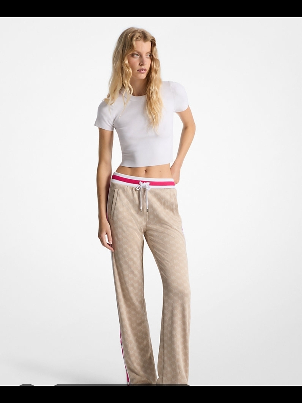 Michael Kors Natural-Beige Track Pants with Pink Striped Waistband